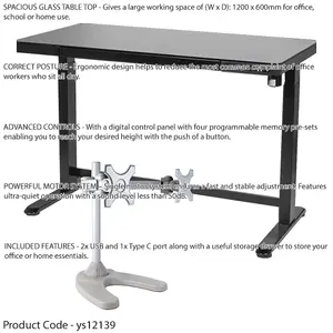 Large Black Electric Sit-Stand Desk with USB Ports and Twin Monitor Bracket