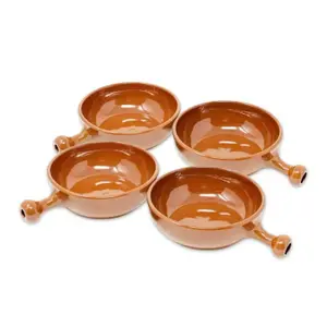 El Toro Glazed Terracotta Brown Kitchen Dining Set of 4 Oven Dishes w/ Short Handles (Diam) 15cm