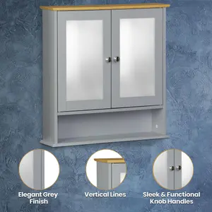 Double Mirror Bathroom Cabinet with Shelf - Grey Bamboo Top