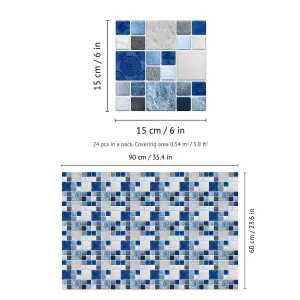 Walplus Stone Selection Blue And Grey Mosaic Wall Tile Sticker Set - 15cm (6inch) - 24pcs One Pack