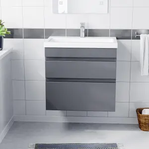 Nes Home 600mm 2 Drawers Handless Wall Hung Basin Vanity Cabinet Unit Steel Grey