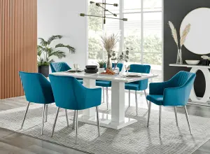 Imperia White High Gloss 6 Seater Dining Table with Structural 2 Plinth Column Legs 6 Blue Velvet Silver Leg Calla Art Deco Chairs