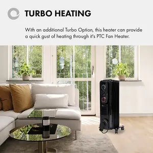 Devola 1500W 5 Fin Oil Filled Radiator, Low Energy, Adjustable Heating Dial, 24Hr Timer and Turbo Heating PTC Fan Black