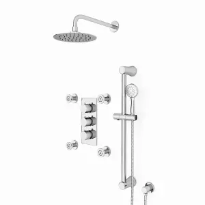 Flora Round 3 Way Concealed Thermostatic Shower Mixer Valve, Shower Head, Slider Rail kit, Body Jets Set Chrome