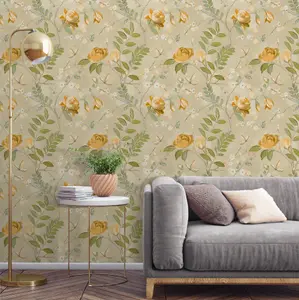 Grandeco Lola Painted Floral Trail Smooth Wallpaper, Yellow