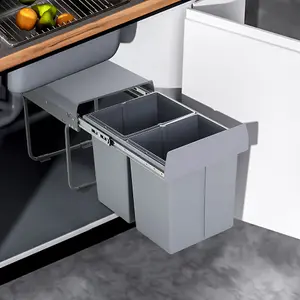 Grey 2 x 20L Rectangular Integrated Kitchen Pull Out Bin Waste and Recycling Bin for Cabinet Under Counter Storage