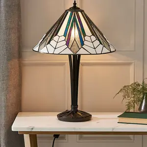 Tiffany Glass Table Lamp Light Black Iridised & Art Deco Textured Shade i00170