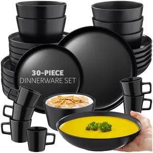 Crockery Set Una - 6 of each dinnerware, dishwasher- and microwave-safe - black 30 pc