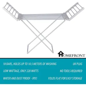 Homefront Heated Clothes Airer Rack Rail, Dryer 220W And Cover - Indoor Portable Eco Dry