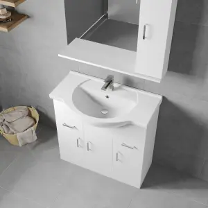 3 Door 2 Drawer Bathroom Vanity Basin Unit with Round Basin - 850mm - Gloss White