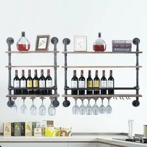 Ade Wall Mounted Wine Bottle & Glass Rack in Black/Brown