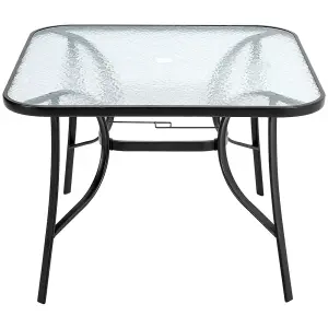 Black Square Tempered Glass Tabletop Metal Outdoor Garden Coffee Table with Parasol Hole 105 cm