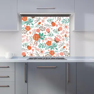 Orange Floral Pattern Premium Glass Kitchen Splashback W700mm x H750mm