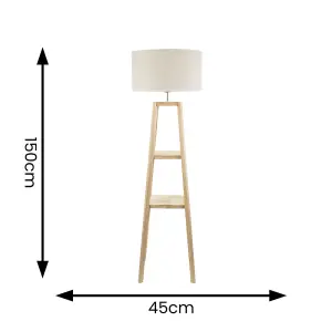 ValueLights Wakefield Two Shelf Wooden Floor Lamp with Linen White Trim Drum Shade and Bulb