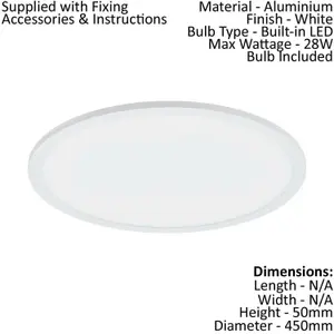 450mm Modern Sleek Ceiling Light White Slim Round Low Profile 28W LED 4000K