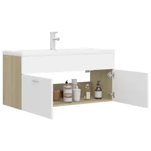 Berkfield Sink Cabinet with Built-in Basin White and Sonoma Oak Engineered Wood