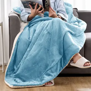 Sherpa Fleece Throw Blanket Sky Blue / 130cm W x 150cm L