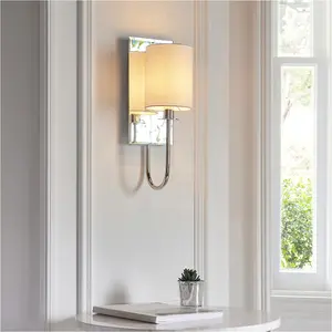 2 PACK Bright Nickel Dimmable Wall Light - Vintage White Shade - Bevelled Edge Mirrored Back Plate