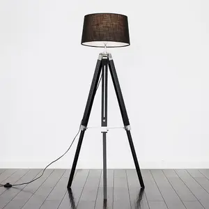 ValueLights Clipper Black Wood and Silver Chrome Tripod Floor Lamp with Black Tapered Shade - Complete with 6w LED GLS Bulb