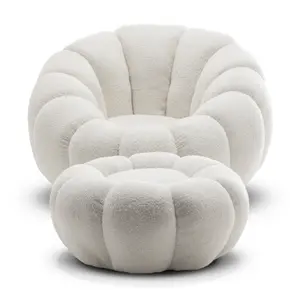 Teddy Boucle Fabric White Mirielle Swivel Accent Chair with Footstool