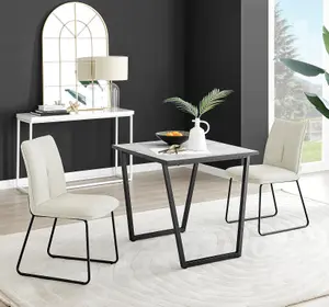 Furniturebox UK Carson White Marble Effect Square Dining Table & 2 Cream Halle Chairs