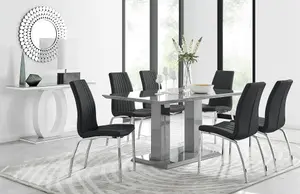 Imperia Grey High Gloss 6 Seater Dining Table with Structural 2 Plinth Column Legs 6 Black Stitched Faux Leather Isco Chairs