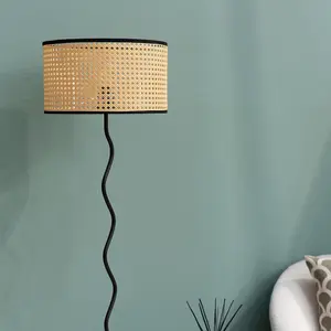 ValueLights Black Metal Wavy Stem Floor Lamp with a Natural Cane Wicker Black Trim Shade - Bulb Included