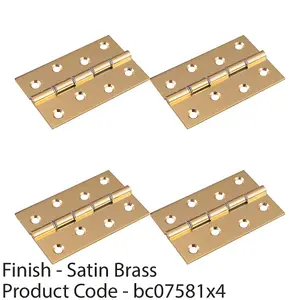 4 PACK - PAIR Double Steel Washered Brass Butt Hinge 102 x 67mm Satin Brass Door Fixing