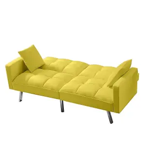 Sofa Bed 2 Seater Yellow Velvet Click Clack Sofa Settee Recliner Couch with Metal Legs with 2 Pillows