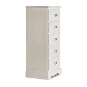 Romance Antique White 5 Drawer Tallboy with Crystal Handles