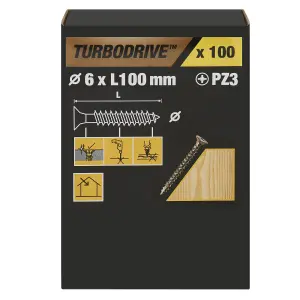 TurboDrive PZ Double-countersunk Yellow-passivated Steel Wood screw (Dia)6mm (L)100mm, Pack of 100