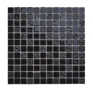 Flourencia Black Gloss Glass effect Glass Mosaic tile, (L)300mm (W)300mm