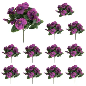 Blooming Artificial - 28cm / 1ft Purple Fake Pansy Bush Multi-Pack