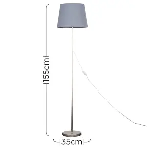 ValueLights Modern Standard Floor Lamp In Brushed Chrome Metal Finish With Grey Tapered Shade