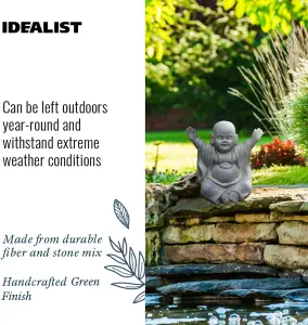 IDEALIST™ Buddha Statue 12.4 Inch Tall, Sage Reinforced Stone Laughing Baby Monk Figurine for Home and Garden L35.5 W25.5 H31.5 cm