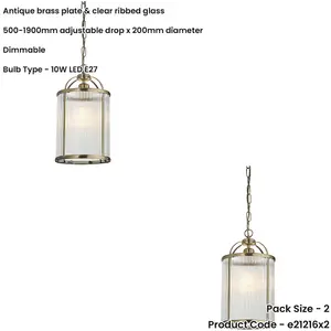 2 PACK Hanging Ceiling Pendant Light - Antique Brass Plate & Clear Ribbed Glass - 10W LED E27