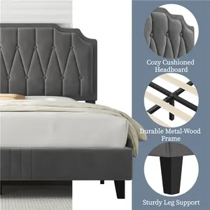 Upholstered Bed Frame with with Button-Tufted Headboard Dark Grey / Double