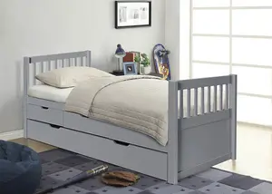 3ft Pine Wooden Trundle Bed With Storage Drawers in Grey