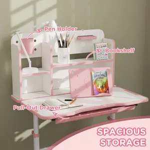 AIYAPLAY Kids Desk and Chair Set w/ Tiltable Desktop Reading Rack - Pink