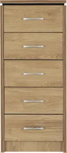 Charles 5 Drawer Narrow Chest in Oak Effect Veneer with Walnut Trim