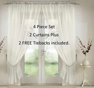 Elegant Plain Voile Curtain Panels PAIR with FREE Tie Backs 150cm x 137cm Ivory