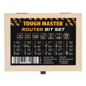 TOUGH MASTER Router Bit Set TCT Tungsten Carbide Tipped  Shank with case - 12 piece set (TM-RB12W)