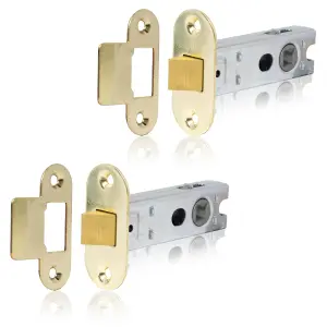 XFORT Polished Brass Radius Tubular Latch, Two 75mm Polished Brass Radius Tubular Latches for Internal Wooden Doors.