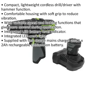 Cordless Hammer Drill Driver Kit - 10.8V 2Ah Lithium-ion Battery - 10mm Chuck