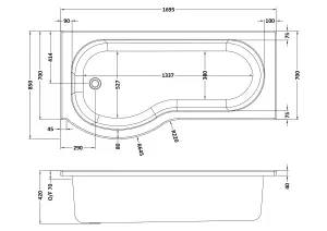 P Shape Bathtub, Front Panel and Screen with Rail - Chrome Profile