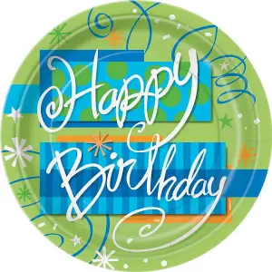 Unique Party Happy Birthday Party Plates (Pack of 8) Green/Blue/White (One Size)