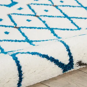 White Blue Shaggy Modern Moroccan Geometric Rug Easy to clean Living Room Bedroom and Dining Room-239cm X 320cm