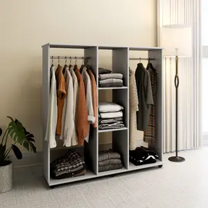 HOMCOM Mobile Double Open Wardrobe w/ Clothes Hanging Rail Clothing Grey