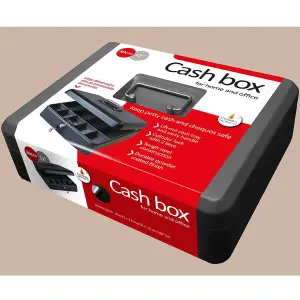 Lockable 12" Steel Cash Box - Money Organiser Safe with Note & Coin Tray, Cylinder Lock & Carry Handle - H9 x W30 x D24cm, Black