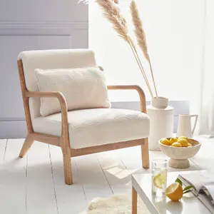 sweeek. Scandi-style boucle wooden armchair with cushion Lorens boucle White 65x80x79 cm